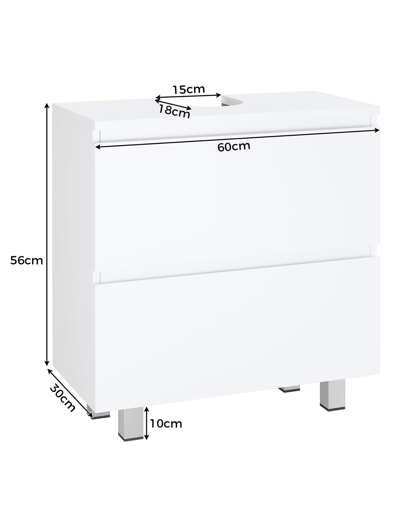 KIMENICH Waschbeckenunterschrank, Badezimmerschrank mit 2 Große Schubladen, Unterschrank Waschbecken mit Füßen, Viel Stauraum, 60 x 30 x 56 cm, Weiß