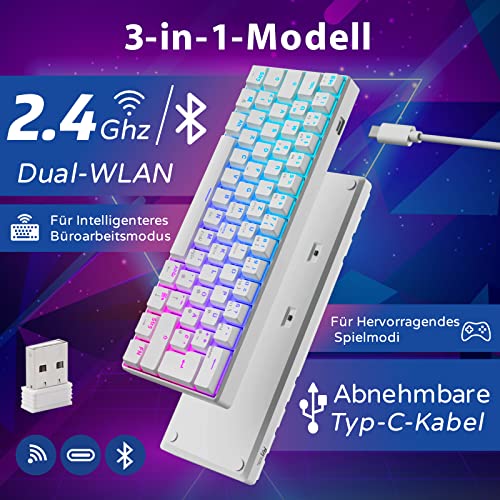 RK61 Mechanische Gaming-Tastatur, 2,4 GHz Wireless/Bluetooth/Wired 60% Mechanische Tastatur 61 Tasten Hot-Swap-fähiger Blauer Schalter mit RGB-Beleuchtung Kompatibel für Win/Mac, Weiß (QWERTZ)