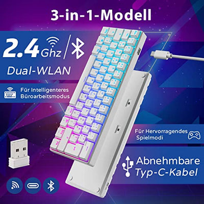 RK61 Mechanische Gaming-Tastatur, 2,4 GHz Wireless/Bluetooth/Wired 60% Mechanische Tastatur 61 Tasten Hot-Swap-fähiger Blauer Schalter mit RGB-Beleuchtung Kompatibel für Win/Mac, Weiß (QWERTZ)