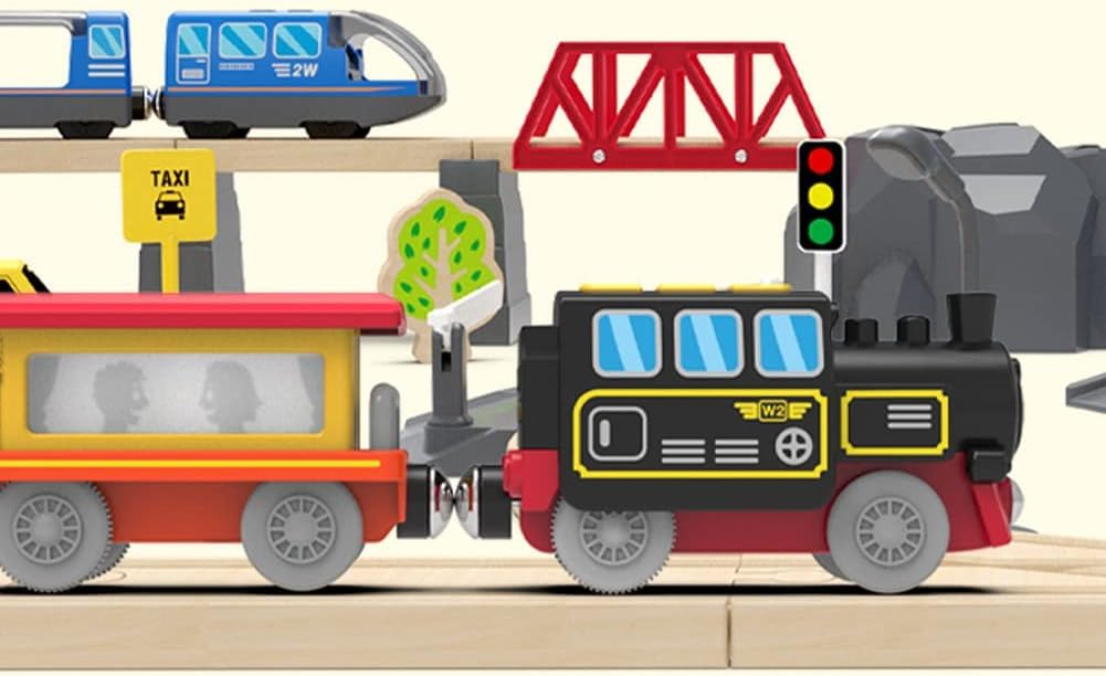 TOPLIVING Motorisierter Zug für Holzschienen, Ferngesteuerter Zug mit magnetischer Verbindung, batteriebetriebener Lokomotivzug für Kleinkinder, kompatibel mit Thomas, Brio, Chuggington