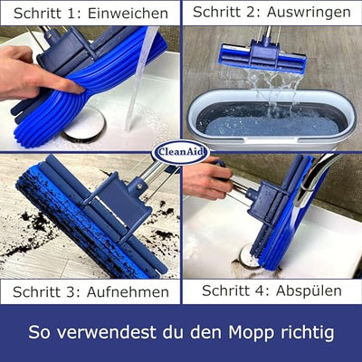CleanAid OneTouch GO! Wischmopp, Bodenwischer, Wringmopp, Wischer mit Auswringfunktion - besonders saugstark - mit PVA Schwamm und Segmentstiel aus Edelstahl