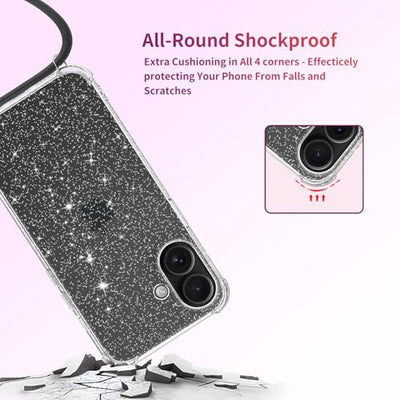 Tikgue Handykette für iPhone 16 Hülle mit Band, Handyhülle mit Kordel zum Umhängen Schutzhülle mit Kette Glitzer Transparent Weich TPU Silikon Bumper - Schwarz
