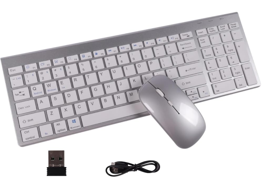 KautFair Kabellose Maus-Tastatur, 2,4 G, Bluetooth, QWERTY-Layout, wiederaufladbar, dünn, leise, kompakt, volle Größe, Tastatur und Maus mit Nummernblock & 3DPI, verstellbar, für Mac, PCs, Laptop