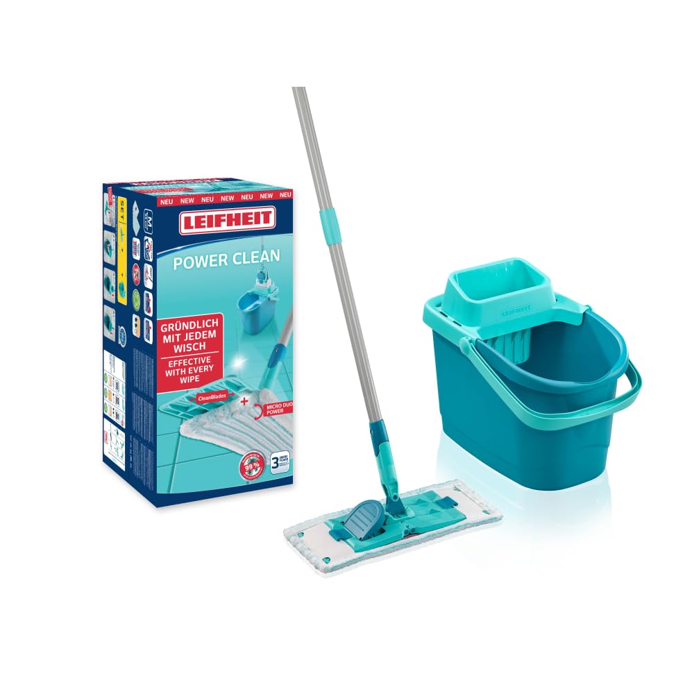 Leifheit Set POWER CLEAN, Wischer für Alle, rückenschonender Bodenwischer mit Reinigungsklingen, Wischtuchpresse zum Auswringen, Wischmopp Set mit Eimer,Wischmopp für alle Hartböden mit Click-System