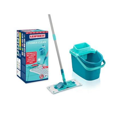 Leifheit Set POWER CLEAN, Wischer für Alle, rückenschonender Bodenwischer mit Reinigungsklingen, Wischtuchpresse zum Auswringen, Wischmopp Set mit Eimer,Wischmopp für alle Hartböden mit Click-System