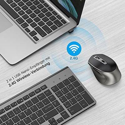 JOYACCESS Tastatur Maus Set Kabellos, 2.4G Ultra-Dünne Funktastatur mit Maus, QWERTZ Layout (Deutsch), Ergonomische Keyboard Mouse für Computer/Desktop/PC/Laptop/Windows 10/8/7, Schwarz und Grau