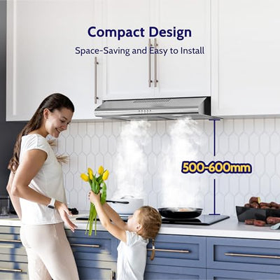 FIREGAS Dunstabzugshaube 60cm für Umluft- oder Abluftbetrieb, Dunstabzugshaube 60cm mit Bürstenloser motor & 3 Leistungsstufen, Abzugshaube Abluftleistung 250 m³/h, Edelstahl