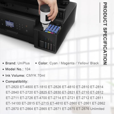 Uniplus Tinte 104 ET-2870 ET-2810 ET-2820 ET-1810 ET-2720 ET-2840 ET-2826 Druckerpatronen Kompatibel für Epson 104 Multipack Refill Kompatibel für Epson Ecotank ET-2830 ET-2821 ET-4800 ET-4700 ET-2714