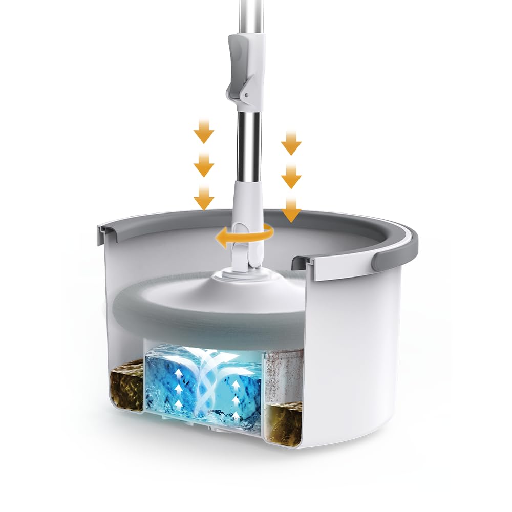 LIVINGTON Clean Water Spin Mop - Wischmop Set mit Zwei-Kammer-Filtersystem - trennt Schmutzwasser von Frischwasser - Bodenwischer für jeden Boden - mit Neuer 135cm Langer Stange - Auswringfunktion