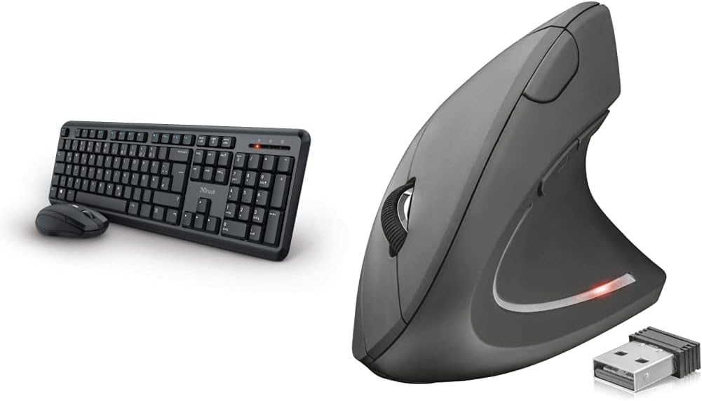 Trust 24080 Ymo Kabelloses Tastatur-Maus-Set - Deutsches QWERTZ - Schwarz & 22879 Verto Wireless Vertikale Ergonomische Maus (Vorbeugung Gegen Mausarm/Tennisarm, Nur für Rechtshänder) Schwarz