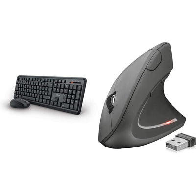 Trust 24080 Ymo Kabelloses Tastatur-Maus-Set - Deutsches QWERTZ - Schwarz & 22879 Verto Wireless Vertikale Ergonomische Maus (Vorbeugung Gegen Mausarm/Tennisarm, Nur für Rechtshänder) Schwarz
