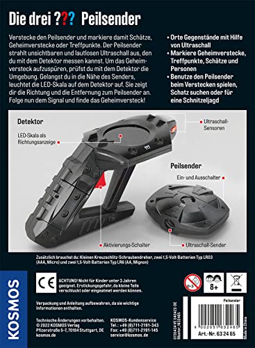 Die drei ??? Peilsender von KOSMOS, Finde das Geheimversteck mit unsichtbarem Ultraschall, Detektor mit LED-Skala zeigt Richtung und Entfernung an, Detektiv Spielzeug Set für Kinder ab 8 Jahre