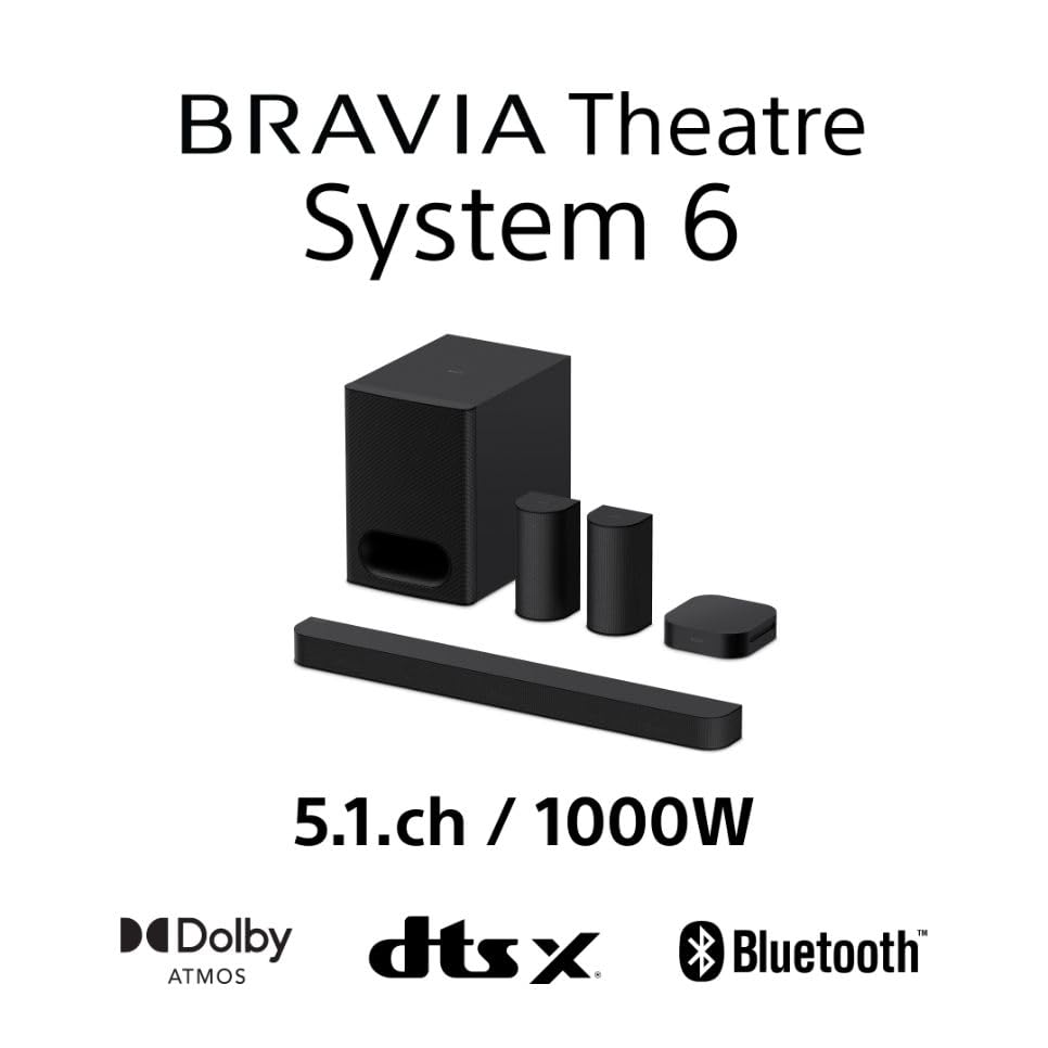 Sony BRAVIA Theatre System 6 (5.1-Kanal-Surround Sound, 1000 W, inkl. Rücklautsprecher & Subwoofer, Dolby Atmos, DTS:X, AI Voice Zoom 3 mit BRAVIA TV, DSEE, Multi-Stereo-Party-Modus) Schwarz