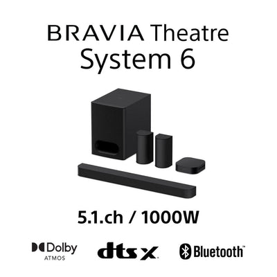 Sony BRAVIA Theatre System 6 (5.1-Kanal-Surround Sound, 1000 W, inkl. Rücklautsprecher & Subwoofer, Dolby Atmos, DTS:X, AI Voice Zoom 3 mit BRAVIA TV, DSEE, Multi-Stereo-Party-Modus) Schwarz