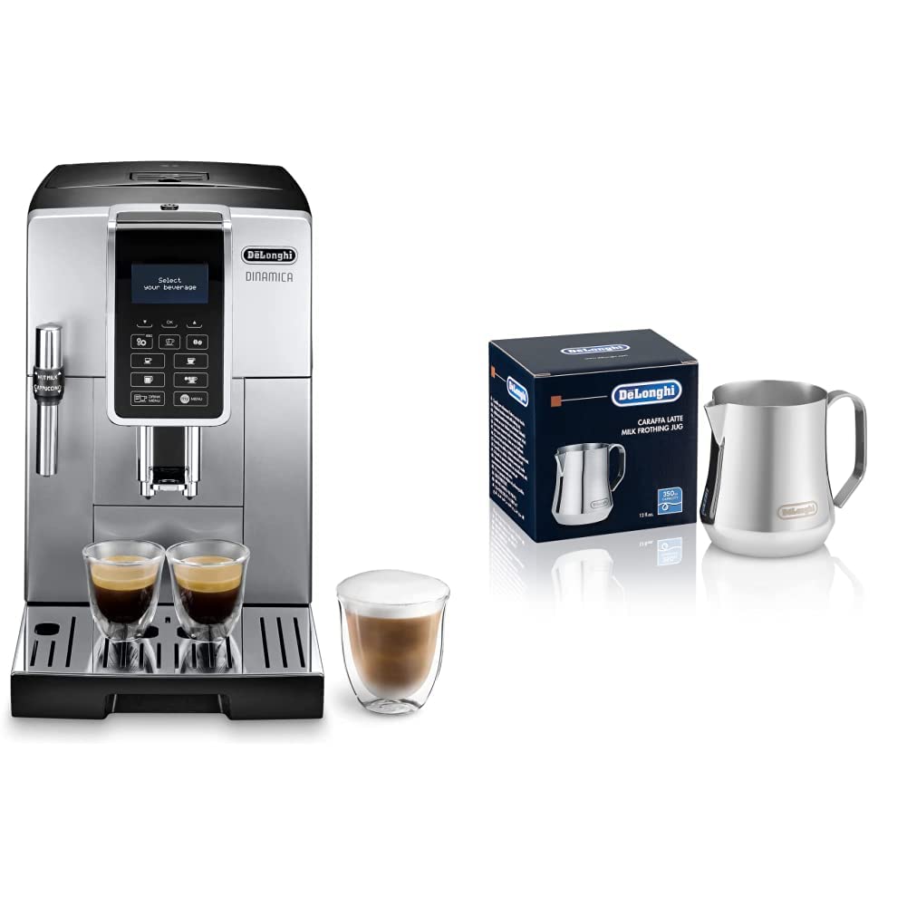 De'Longhi Dinamica ECAM 350.35.SB Kaffeevollautomat mit Profi-Milchaufschäumdüse, Klartext Digitaldisplay, 2-Tassen-Funktion, Silber & Milchkännchen DLSC060, 350 ml, Edelstahl