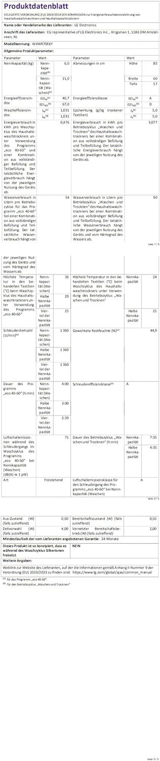 LG W4WR70E6Y, Frontlader-Waschtrockner 11-6 kg, Klasse A/D, 60x62x85 cm, Wi-Fi, AI Direct Drive, Tiefenreinigung mit Dampf, TurboWash 360, Große Kapazität, Außentür aus gehärtetem Glas, Weiß