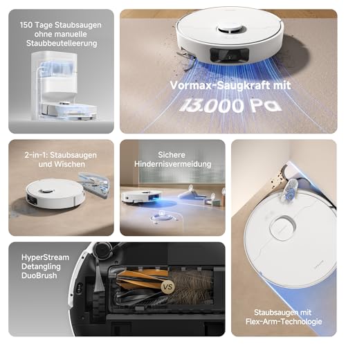 dreame D20 Pro Plus Saugroboter, 13.000 Pa Saugkraft, DuoBrush für Tierhaare, Eckenrein, Selbstentl, Hindernisverm. m. LDS-Navigation & Laser, saugt und wischt, Hartböden & Teppiche, 5.200 mAh Akku