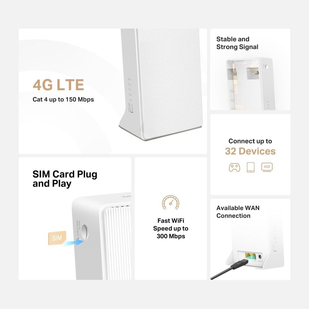 Mercusys MB110-4G LTE Router, 4G Router unterstützt SIM Karten, 4G Cat4 bis zu 150 Mbit/s, WLAN 2.4GHz N300, 2X 100 Mbps Ports, Plug and Play, bis zu 32 Geräte, MERCUSYS App