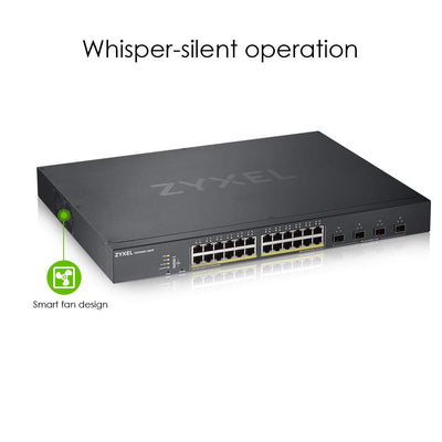 Zyxel Gigabit Ethernet Smart-Managed PoE+ Switch mit 24 Ports, einem Budget von 375 Watt und vier 10G SFP+ Slots, Hybrid Cloud-Modus [XGS1930-28HP]