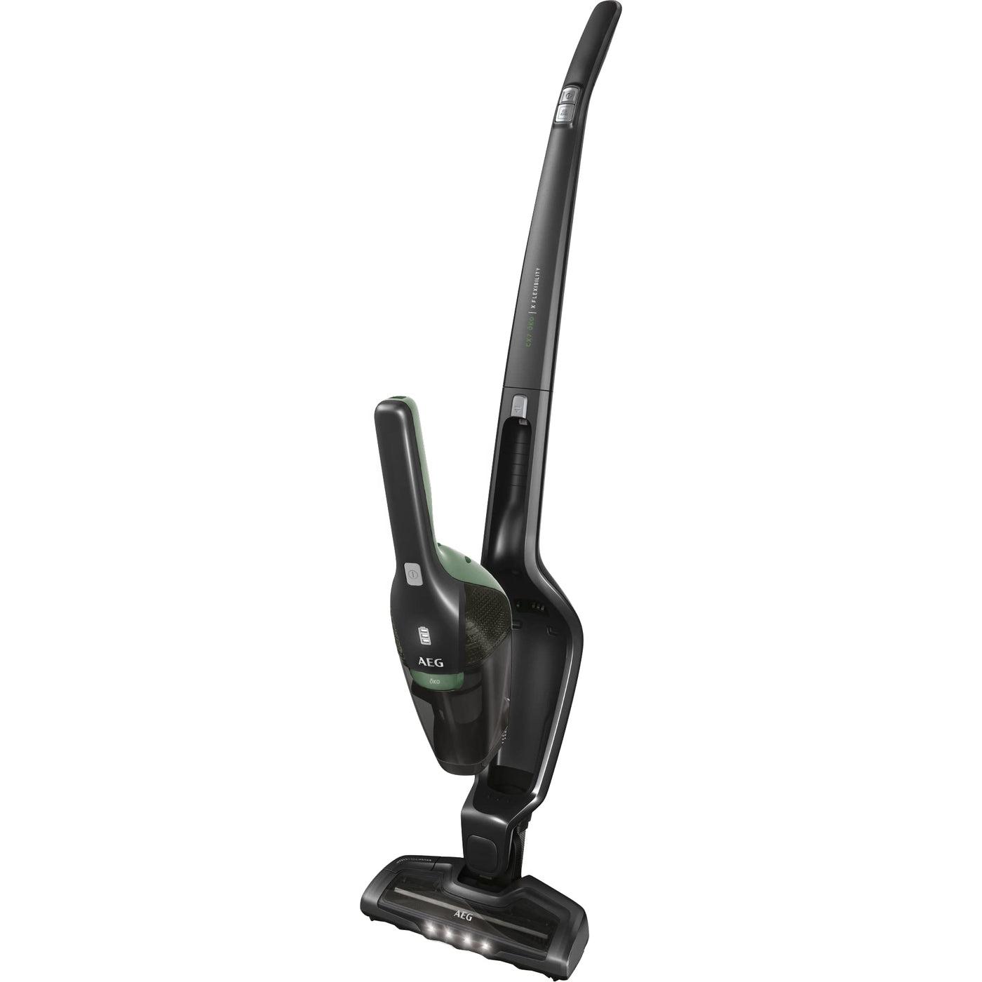 AEG Ergorapido CX7-2-45MÖ 2in1 Akku Staubsauger/50% Recyclingmaterial/beutellos/bis zu 45 min Laufzeit/freistehend/180° Drehgelenk /Bürstenreinigungsfunktion/LED-Lichter/18.5W/ 0.5L/schwarz,grün