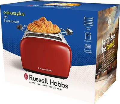 Russell Hobbs Toaster [für 2 Scheiben] Colours Plus Edelstahl Rot (extra breite Toastschlitze, inkl. Brötchenaufsatz, 6 Bräunungsstufen + Auftaufunktion, Lift & Look-Funktion, 1600W) 26554-56