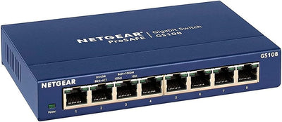 NETGEAR GS108GE LAN Switch 8 Port Netzwerk Switch (Plug-and-Play Gigabit Switch LAN Splitter, LAN Verteiler, Ethernet Hub, lüfterloses Metallgehäuse, ProSAFE Lifetime-Garantie), Blau