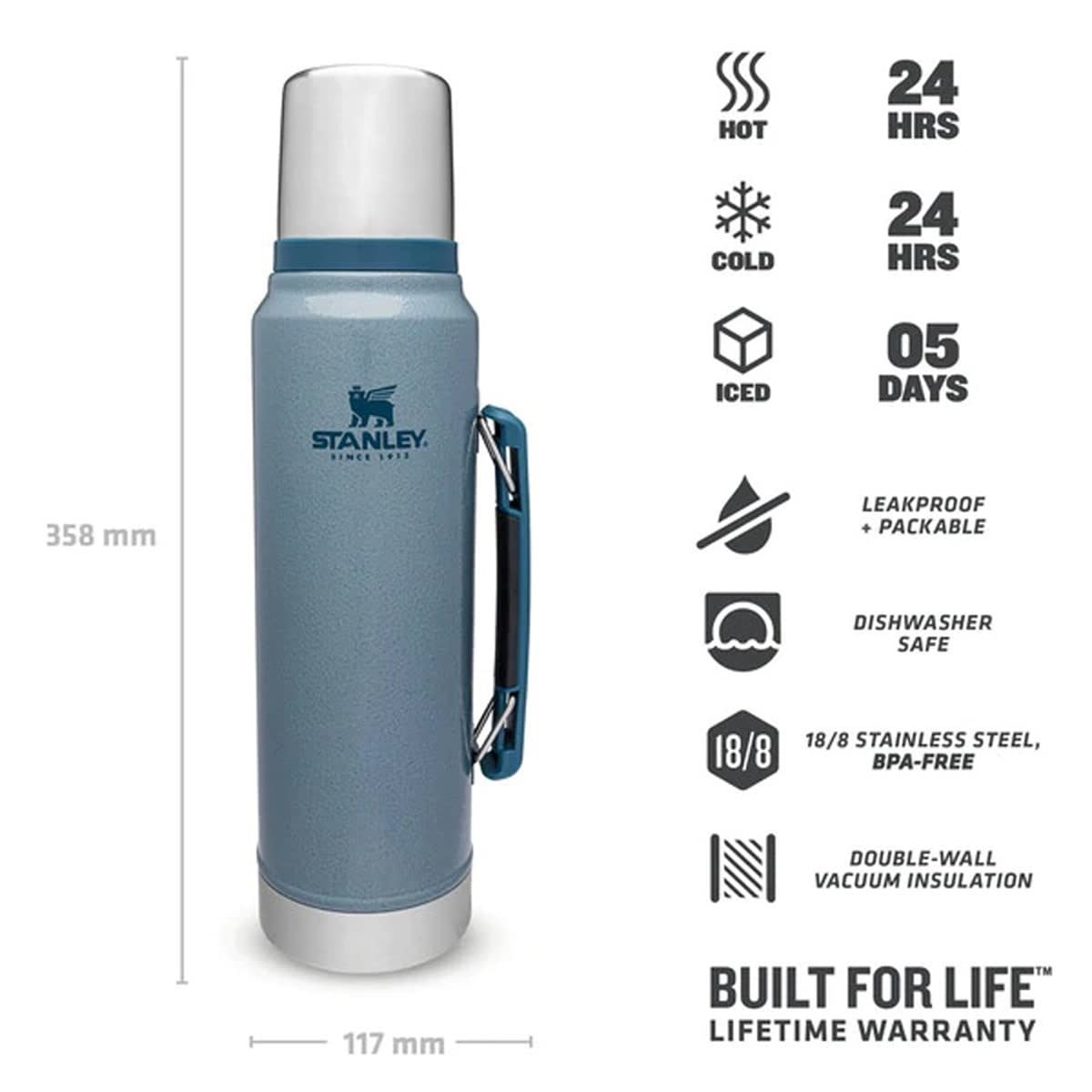 Stanley Classic Legendary Thermosflasche 1L - Thermos Hält 24 Stunden Heiß oder Kalt - Edelstahl Thermoskanne - BPA-Frei - Spülmaschinenfest - Hammertone Ice