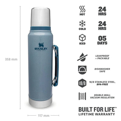 Stanley Classic Legendary Thermosflasche 1L - Thermos Hält 24 Stunden Heiß oder Kalt - Edelstahl Thermoskanne - BPA-Frei - Spülmaschinenfest - Hammertone Ice