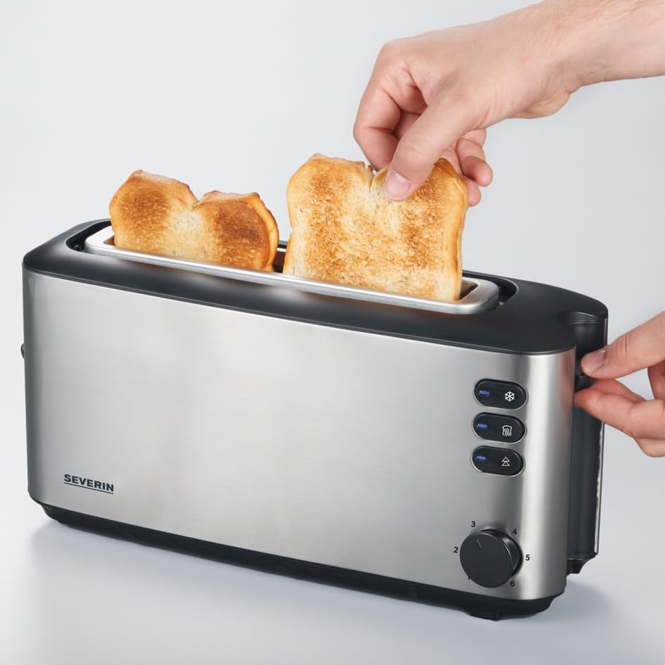 SEVERIN Automatik-Langschlitztoaster, Automatik-Toaster mit Brötchenaufsatz, Edelstahl Toaster zum Toasten, Auftauen und Erwärmen, 1.000 W, Edelstahl-gebürstet/schwarz, AT 2515