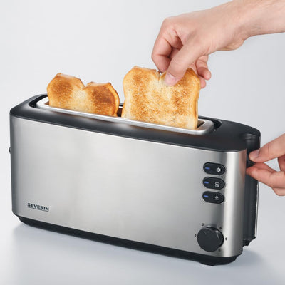SEVERIN Automatik-Langschlitztoaster, Automatik-Toaster mit Brötchenaufsatz, Edelstahl Toaster zum Toasten, Auftauen und Erwärmen, 1.000 W, Edelstahl-gebürstet/schwarz, AT 2515