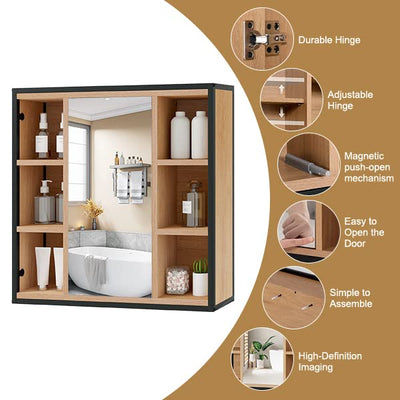 EUGAD Spiegelschrank Bad, Badezimmerschrank mit Spiegel, Schrank mit Badezimmerspiegel, Hängeschrank Badezimmer, mit verstellbaren Ablagen, aus Metall Holzwerkstoff, 60 x 58 x 16 cm