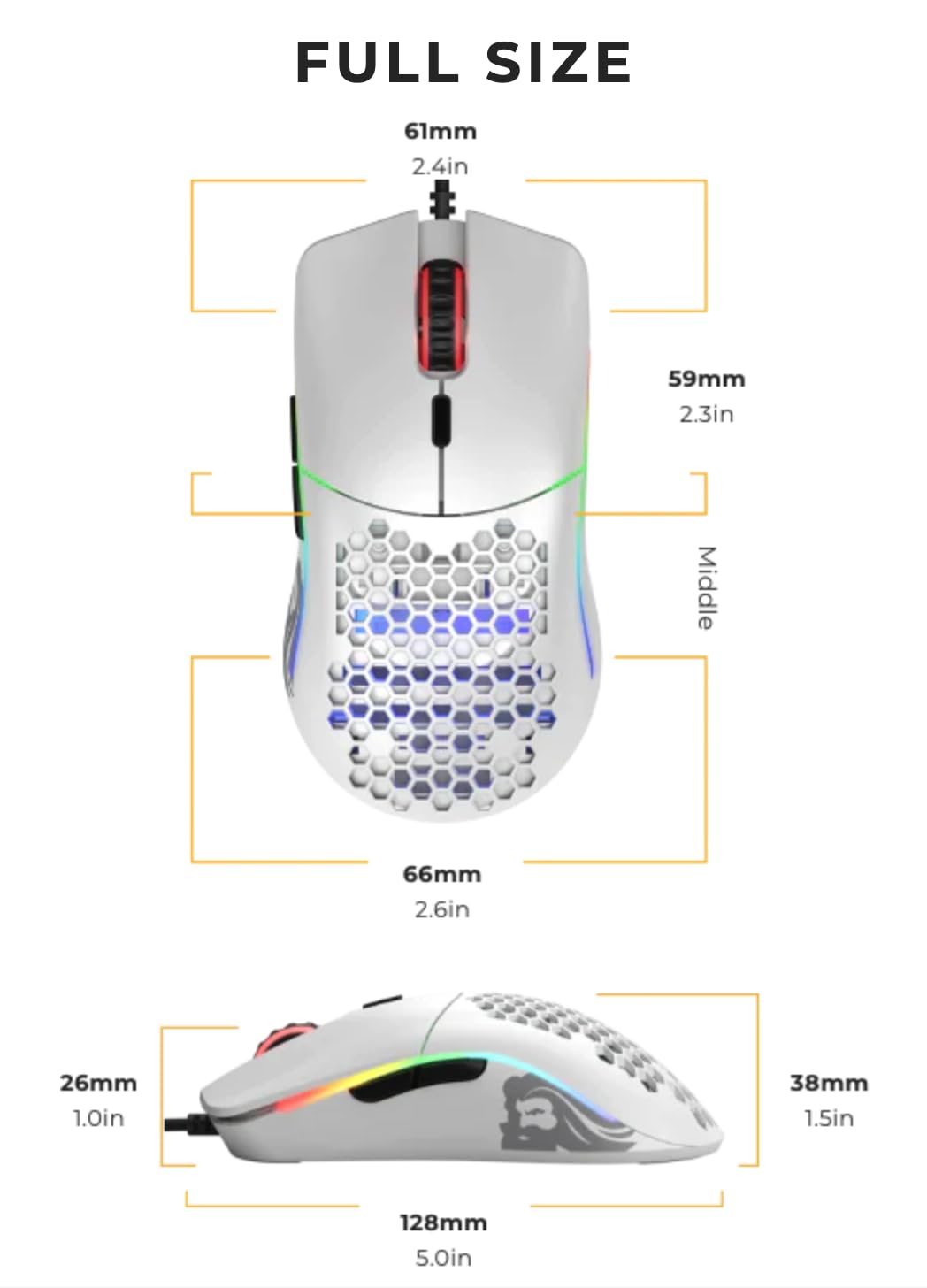 Glorious Gaming Model O Wired Gaming Mouse – superleichtes Wabendesign mit 67 g, RGB-Beleuchtung, Pixart 3360 Sensor, Omron-Schaltern, beidhändig – Mattweiß