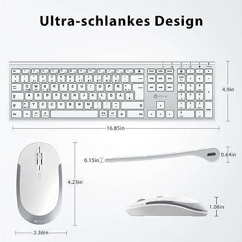 iClever kabellose Tastatur und Maus Set, 2.4G kabellose Tastatur und Maus, USB-C wiederaufladbar, Originalgröße, schlanke, dünne und widerstandsfähige Tastatur für Windows 7/8/10, Mac OS