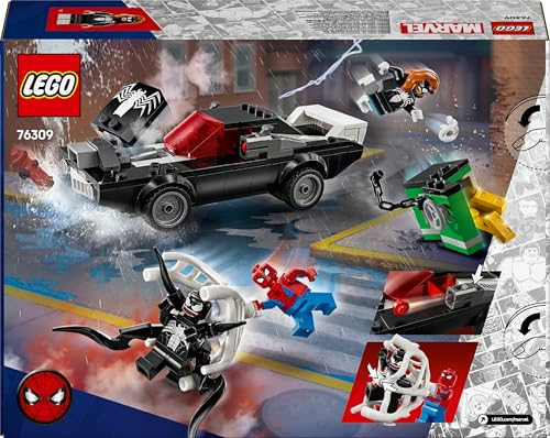 LEGO Marvel Spider-Man Mech vs. Venom Muscle Car - Auto Spielzeug mit 3 Superhelden Minifiguren - Modellauto mit Shootern - Geschenk für Jungen und Mädchen ab 7 Jahren 76309