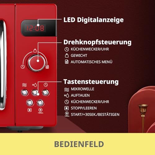 Comfee CMSRO 20 di rd Retro-Mikrowelle mit 8 Automatikmenüs, 5 Leistungsstufen, Schnellkochtaste, 20 l, 800 W, leidenschaftlich rot