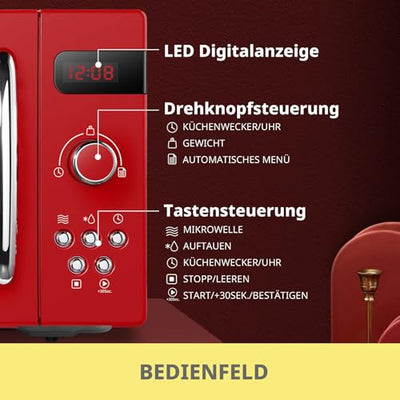 Comfee CMSRO 20 di rd Retro-Mikrowelle mit 8 Automatikmenüs, 5 Leistungsstufen, Schnellkochtaste, 20 l, 800 W, leidenschaftlich rot
