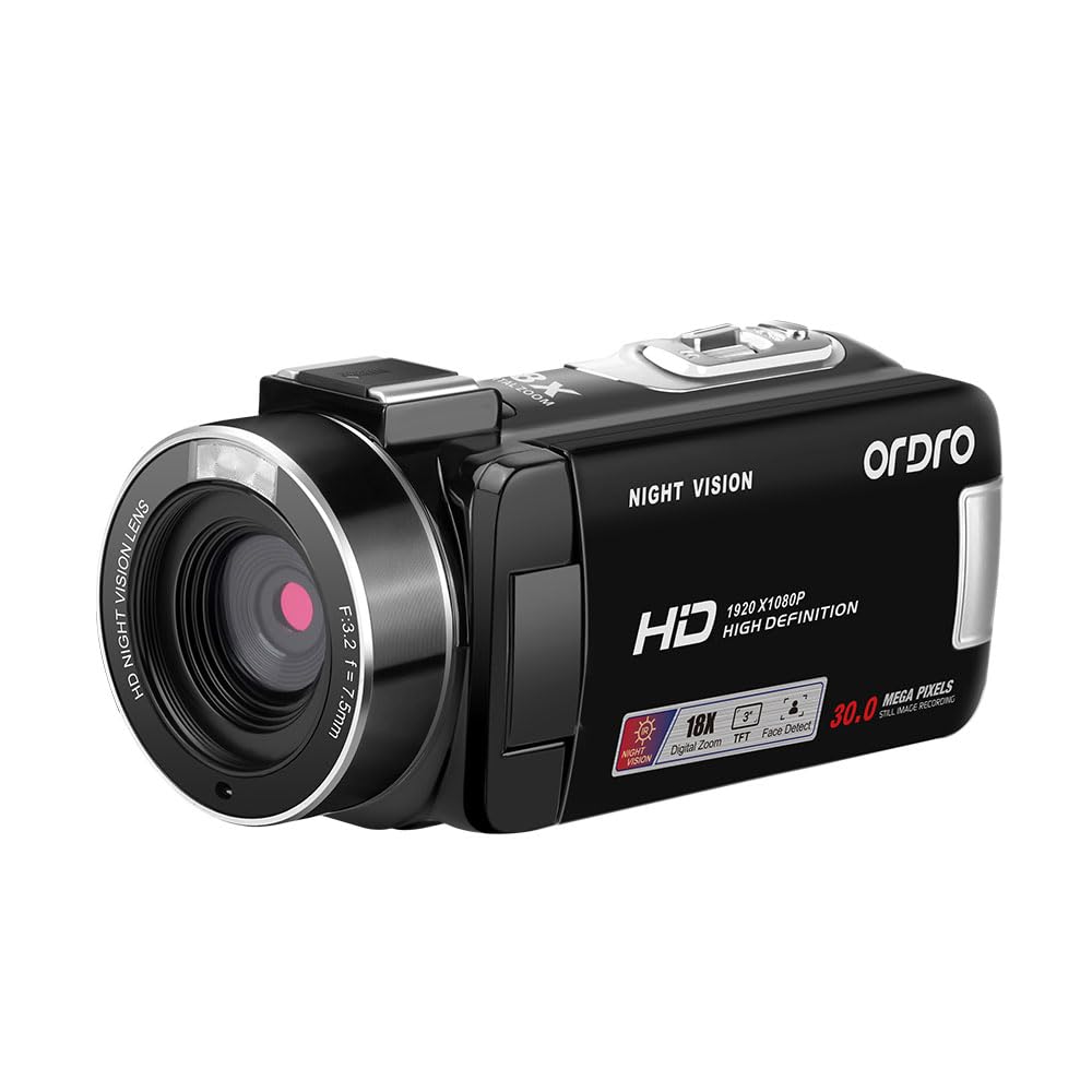 ORDRO Full HD 1080P 30MP Camcorder 18-facher Digitalzoom IR-Nachtsicht YouTube-Videokamera 3,0 Zoll 270° drehbarer Bildschirm mit 16 GB Karte und 2 Akkus Vlogging-Kamera (Schwarz)