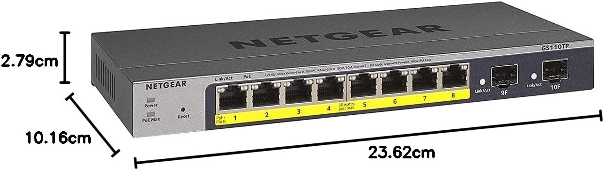 NETGEAR GS110TP 10 Port Gigabit Ethernet LAN PoE Switch Smart (Managed mit 8x PoE+ 55W, 2x 1G-SFP, lokales Management oder Remote per Insight Cloud, lüfterlos, ProSAFE Lifetime-Garantie)
