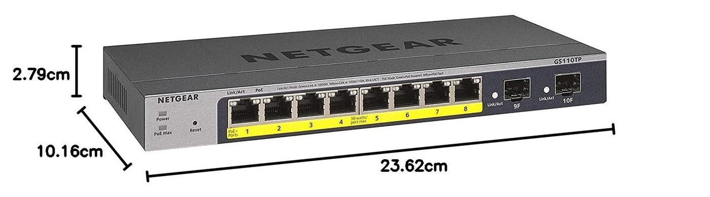 NETGEAR GS110TP 10 Port Gigabit Ethernet LAN PoE Switch Smart (Managed mit 8x PoE+ 55W, 2x 1G-SFP, lokales Management oder Remote per Insight Cloud, lüfterlos, ProSAFE Lifetime-Garantie)