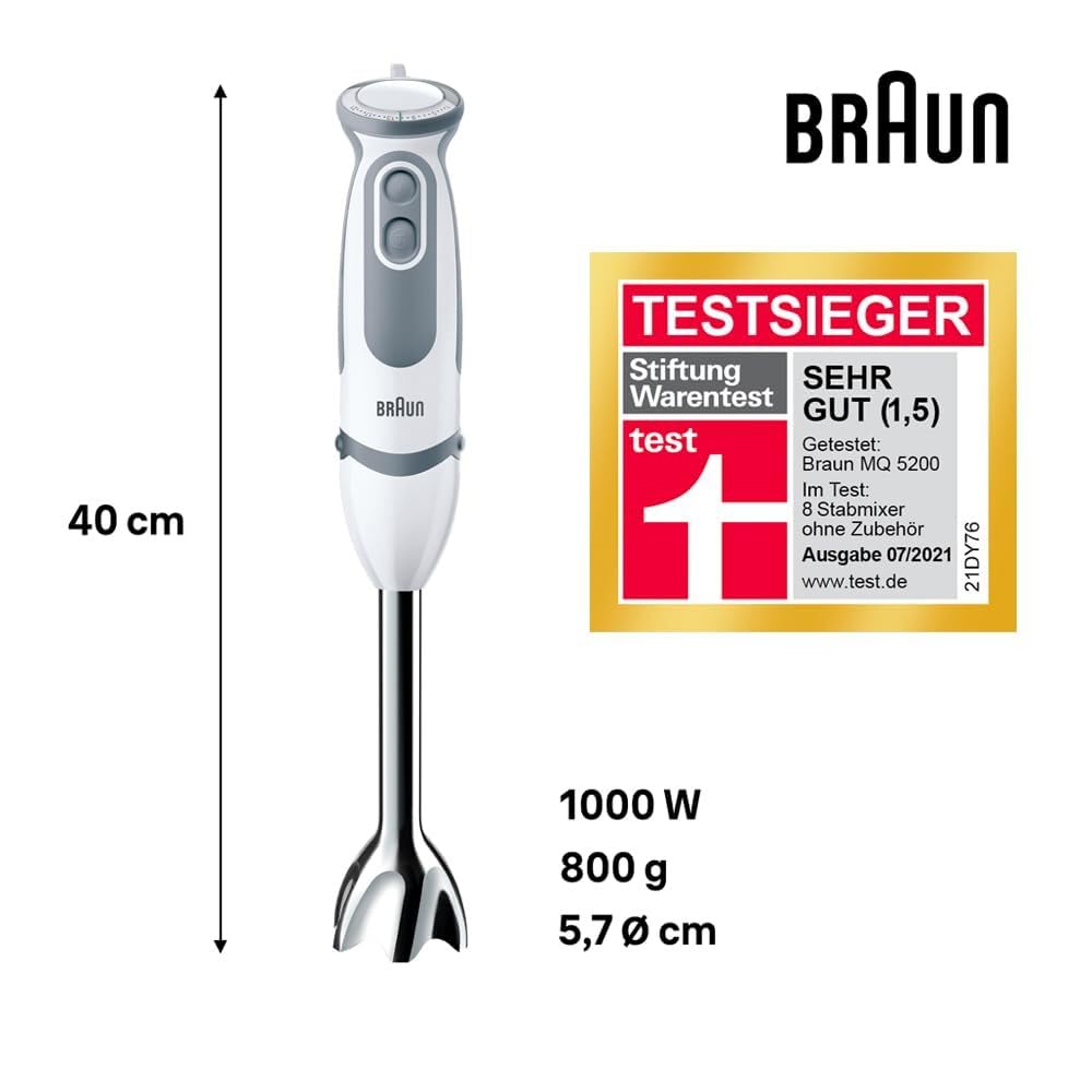Braun Stabmixer MQ 5200WH - MultiQuick 5 Vario Pürierstab mit Edelstahl Mixfuß, 1000 Watt, inkl. 600 ml Mix- & Messbecher, weiß/grau