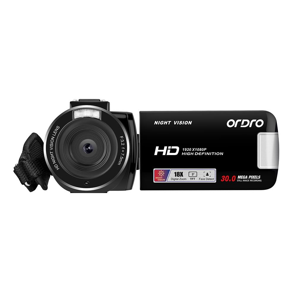 ORDRO Full HD 1080P 30MP Camcorder 18-facher Digitalzoom IR-Nachtsicht YouTube-Videokamera 3,0 Zoll 270° drehbarer Bildschirm mit 16 GB Karte und 2 Akkus Vlogging-Kamera (Schwarz)