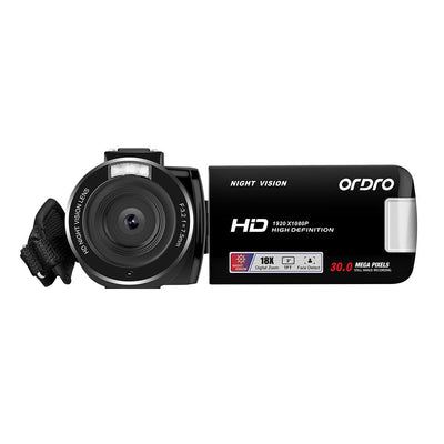 ORDRO Full HD 1080P 30MP Camcorder 18-facher Digitalzoom IR-Nachtsicht YouTube-Videokamera 3,0 Zoll 270° drehbarer Bildschirm mit 16 GB Karte und 2 Akkus Vlogging-Kamera (Schwarz)