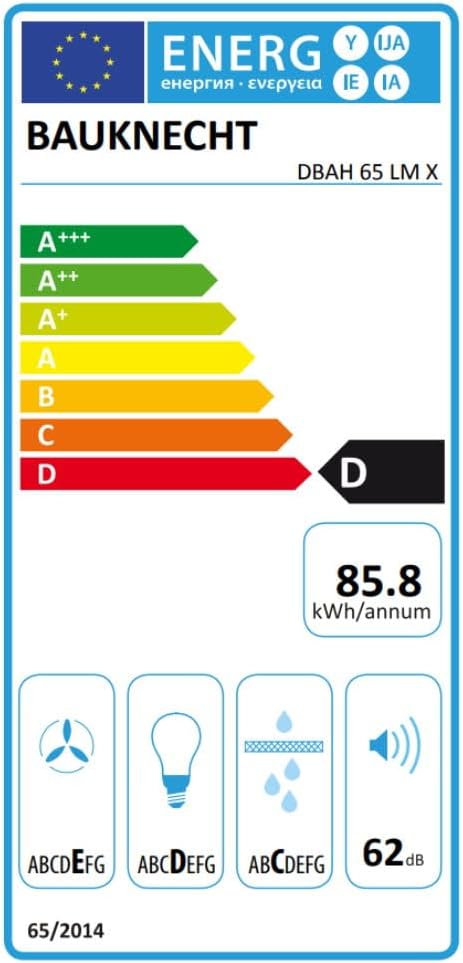 Bauknecht DBAH 65 LM X Dunstabzugshaube Flachschirm / 60cm / Für Abluft- und Umluftbetrieb geeignet / 85,8 kWh / LED / 3 Leistungsstufen / Energieeffizienzklasse D