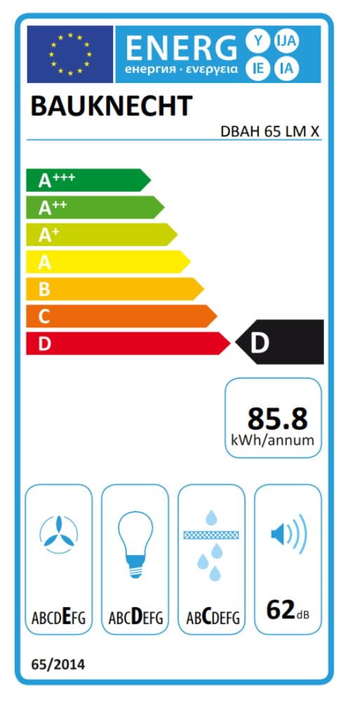 Bauknecht DBAH 65 LM X Dunstabzugshaube Flachschirm / 60cm / Für Abluft- und Umluftbetrieb geeignet / 85,8 kWh / LED / 3 Leistungsstufen / Energieeffizienzklasse D
