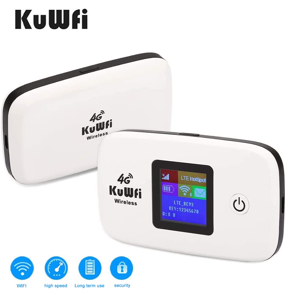 KuWFi mobiler WLAN Router, 4G LTE Router für SIM-Karten (4G/LTE bis zu 150Mbit/s Download/ 50Mbit/s Upload, Hotspot, 2400mAh Akku, kompatibel mit Allen europäischen SIM Karten) Plug&Play