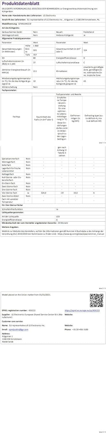 LG GFM61MCCSF, Klasse D, 324 L, Gefriergerät mit Touchdisplay, XXL-Stauraum, DoorCooling+, LINEARCooling, Wi-Fi ꟷ Matte Black
