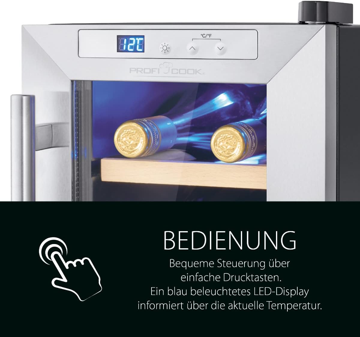 ProfiCook Weinkühlschrank | 6 Flaschen | Getränkekühlschrank | UV-beständige Glastür | Weinkühler | LED-Beleuchtung | 3 Lagerebenen - Davon 2 herausnehmbar | 11-18°C | PC-WK 1231