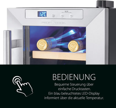 ProfiCook Weinkühlschrank | 6 Flaschen | Getränkekühlschrank | UV-beständige Glastür | Weinkühler | LED-Beleuchtung | 3 Lagerebenen - Davon 2 herausnehmbar | 11-18°C | PC-WK 1231