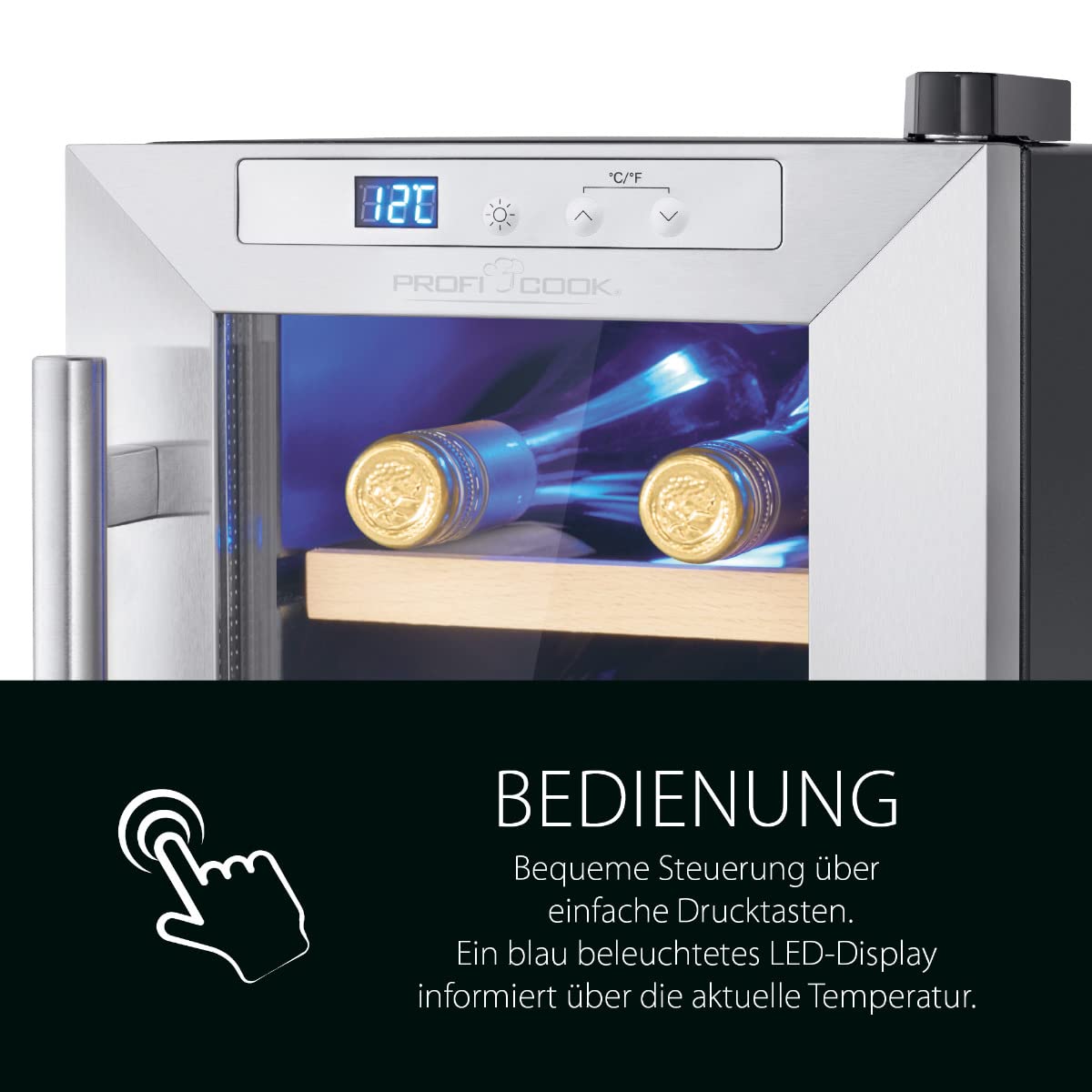 ProfiCook Weinkühlschrank | 6 Flaschen | Getränkekühlschrank | UV-beständige Glastür | Weinkühler | LED-Beleuchtung | 3 Lagerebenen - Davon 2 herausnehmbar | 11-18°C | PC-WK 1231