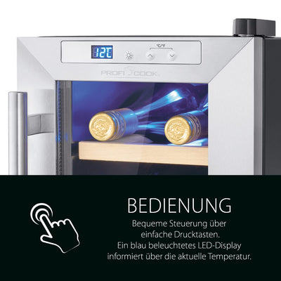 ProfiCook Weinkühlschrank | 6 Flaschen | Getränkekühlschrank | UV-beständige Glastür | Weinkühler | LED-Beleuchtung | 3 Lagerebenen - Davon 2 herausnehmbar | 11-18°C | PC-WK 1231
